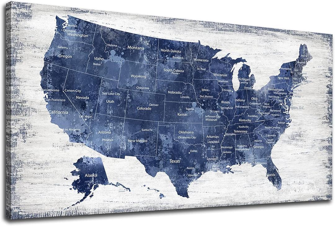 Canvas Wall Art: Vintage America Map, USA Map Canvas Pictures Prints for Bedroom Office Kitchen Living Room Home Decor Framed Artwork Ready to Hang 20"x 40" (Indigo Map of United States)