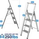 Step Ladder 4 Step Folding, Decorative - Beautiful Gray Wood & Silver Aluminum, Ultra Slim Profile, Anti Slip Steps, Sturdy-Portable for Home, Office, Kitchen, Photography Use,by SORFEY