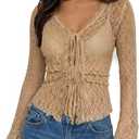 Clarisbelle Summer Women's Bell Sleeve Lace Mesh Sheer Sexy Y2k Shirt Ruffled Hem Tie Front V Neck Vintage Tops (Beige, M)