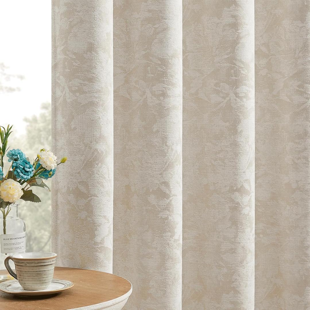 Beauoop Beige Floral Jacquard Blackout Curtains 84 Inches Long 2 Panels for Bedroom Living Room Flower Chenille Room Darkening Thermal Insulated Soundproof Grommet Window Treatments Drapes 52x84x2