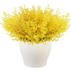 RECUTMS Artificial Fake Flowers Faux Outdoor Plastic Plants 12 Bundles UV Resistant Spring Plants Faux Flowers Artificial Boxwood Greenery Indoor Outside Spring Home Garden Decor(Pure Yellow)