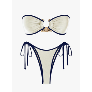ZAFUL Metal Ring Bandeau Bikini Set Tie Side Bathing Suit High Cut 2 Piece Swimsuit Cutout Swimwear(L)