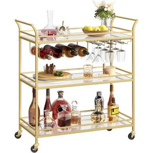 VASAGLE Bar Cart Gold, Large Home Bar Serving Cart with 3-Tier Mirrored Shelf, Wine Holders, Glass Holders, Kitchen, 15 x 33.9 x 35.4 Inches, Gold ULRC083A02