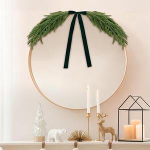 2.6ft Christmas Mirror Garland Artificial Norfolk Pine Swag for Mirror with Velvet Bow Faux Greenery Garlands Christmas Wreath for Xmas Home Door Mailbox Indoor Fireplace Decor(Dark Green)