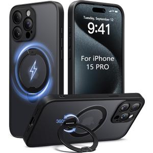 Upgraded Magnetic for iPhone 15 Pro Case,[Unbreakable & Magnetic Stand] [Military-Grade Protection] [Phone Case Compatible with MagSafe] Slim Translucent Matte Shockproof Phone Cover,Black