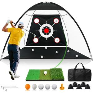 Golf Net 10x7FT All-in-One with Tri-Turf Practice Mat, Ball, Target & Carry Bag, Backyard & Indoor Outdoor Golf Hitting Net for Driving, Chipping, Swing Training, Golf Gift for Men, Dad, Him, Golfer