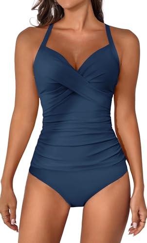 B2prity Women's Ruched Tankini Swimsuits V Neck Wrap Tie Back Two Pieces Bathing Suit Tummy Control Swimwear(Pine Green), Size: Large