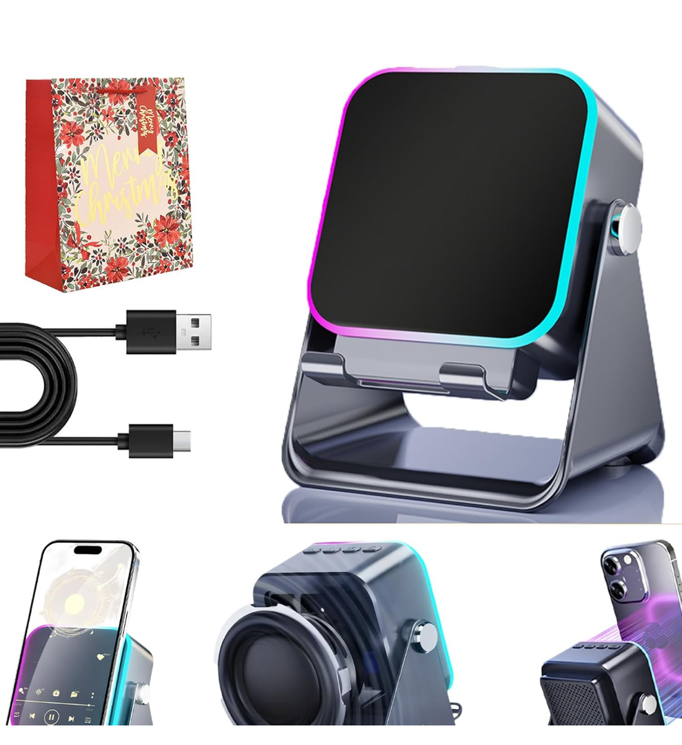 5-in-1 Wireless Bluetooth Speaker with Adjustable Phone Stand, Wireless Speaker, Phone Speakers Amplifier, with Colorful Light Gifts for Men Women (Black)