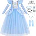 Cinderella Costume for Girls Kids Blue Princess Dress with Accessories Halloween Birthday Party Outfits (7-8Y)