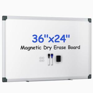 VUSIGN Magnetic White Board Kit for Wall 36" x 24", 1 Dry Eraser & 2 Multicolor Markers & 4 Magnetic Pins, Sliver Reinforced Aluminum Frame for Home, School, Office (Silver)