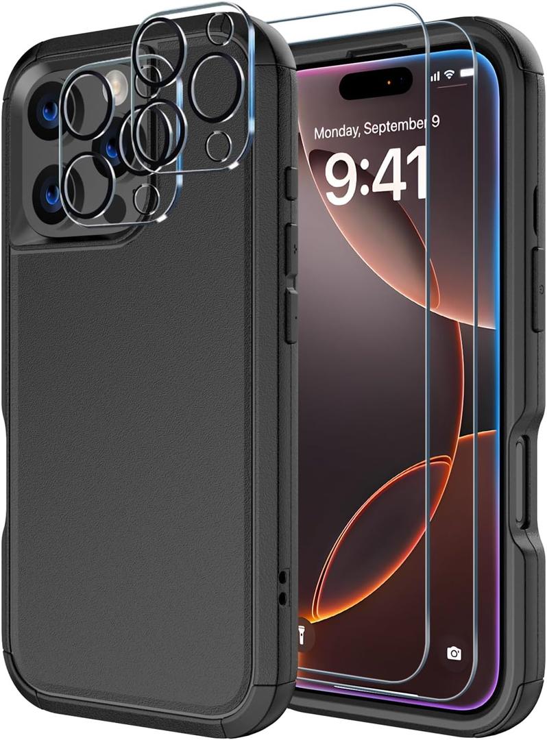 Diverbox for iPhone 16 Pro Max Case [Shockproof] [Dropproof] [Tempered Glass Screen Protector + Camera Protectors] Heavy Duty Protection Phone Case Cover for Apple iPhone 16 Pro Max (Black)