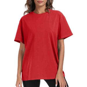 PRIMODA Womens Oversized Short Sleeve T Shirts Trendy Crew Neck Loose Workout Tee Casual Summer Tops Cotton (XX-Large, Red)