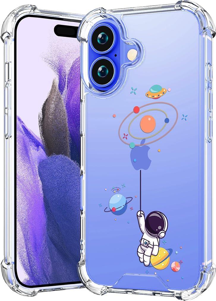Compatible with iPhone 16 Case Clear Cute for Women - Rugged Phone Cases Funda Protector Cover Skin (Blue Planets Galaxy Astronaut)