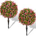 25" Artificial Boxwood Topiary Ball Trees with Rose Pink Flowers, Set of 2 UV Resistant No Fade Outdoor Faux Plants with Ground Spike, Fake Shrubs for Garden, Patio, Porch, Yard, Indoor Decor