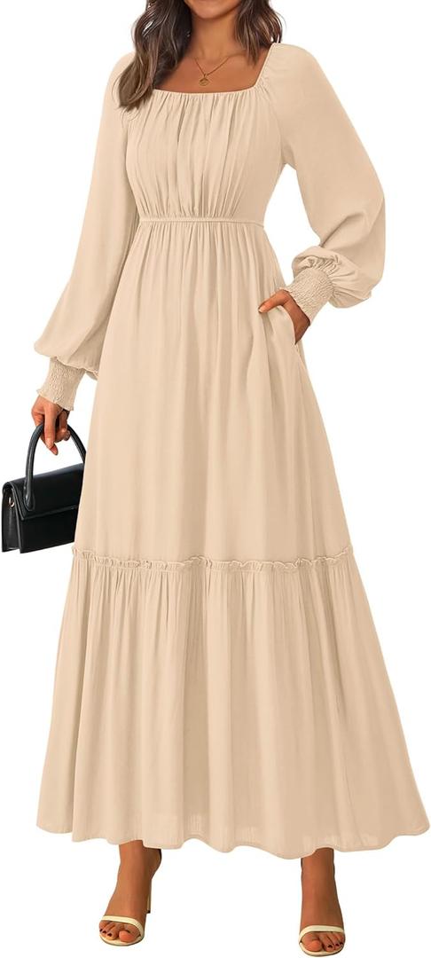KIRUNDO Casual Fall Dresses for Women 2026 Flowy Long Sleeve Maxi Dress Smocked Empire Waist Square Neck Wedding Party (Yellow, XL)