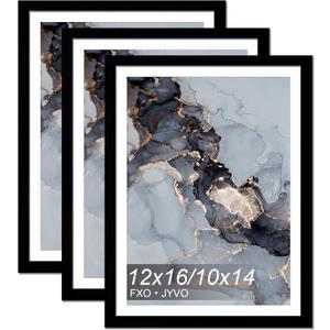 Fxojyvo Black 12x16 Frame Set of 3, Display Picture 10 x 14 with Mat or 12 x 16 Without Mat, Wall Hanging Large Picture Frame for Diamond Art Painting 30cmx40cm - 3 Packs
