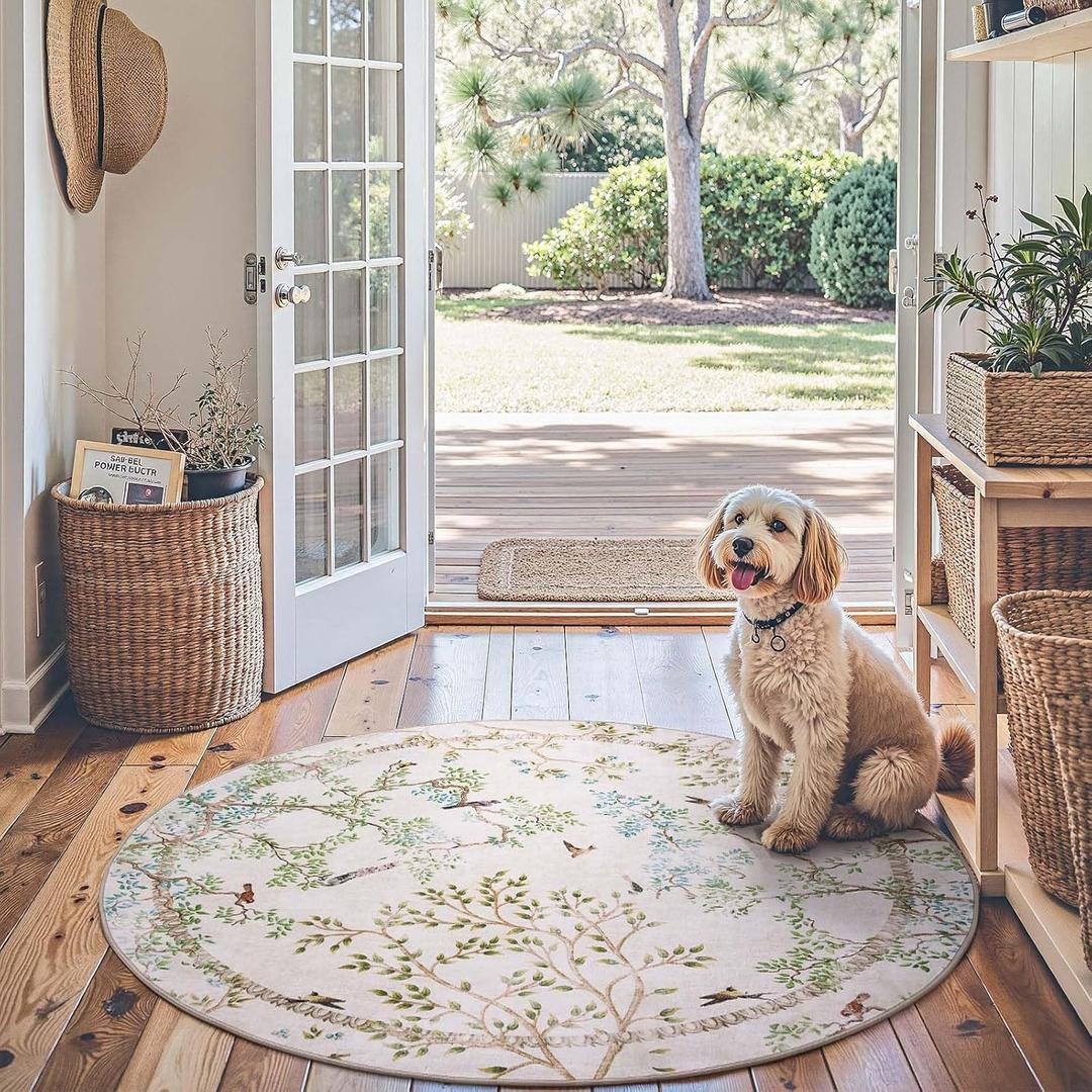 jinchan Yarden Round Rugs 5ft Ivory Botanical Birds Print Machine Washable 5' Circle Nature Plants Modern Soft Non Slip Throw Area Rugs Ultra Thin Low Pile Carpet for Entryway Bedroom Kids Room