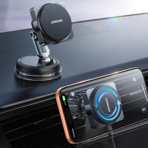 JOYROOM for MagSafe Car Mount Charger, [Smart Fingerprint-Touch Rotation] 15W MagSafe Wireless Car Charger[Vacuum & Gel 360 Base] Air Vent Dashboard Set for iPhone 17 16 15 14 13 12 Series, Black