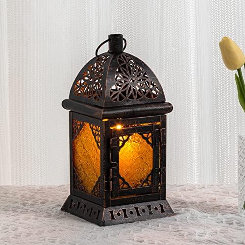 DECORKEY Candle Lanterns Decorative Indoor & Outdoor, 12'' Vintage Moroccan Hanging&Tabletop Lantern, Christmas Halloween Metal Candle Holder for Home Front Porch Patio Decor (Amber)