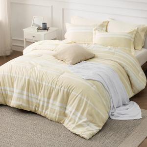 Bedsure Full Comforter Set 7 Pieces, Beige Striped Bedding Set for All Seasons, Reversible, Cationic Dyeing Bed in a Bag with Comforter, Sheets, Pillowcases & Shams