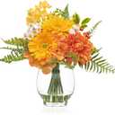Fake Flowers in Vase with Fake Water, Realistic Faux Silk Dahlia & Gerbera Daisy Artificial Flower Arrangements for Fall Winter Home Wedding Thanksgiving Birthday Party Decor & Gift (Yellow & Orange)