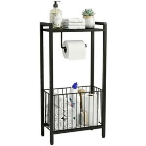 Bathroom Toilet Paper Holder Stand with Storage Basket and Top Shelf, Free-Standing Toilet Tissue Organizer for Small Bathrooms, Metal Toilet Paper Rack with Magazine Holder  Matte Black