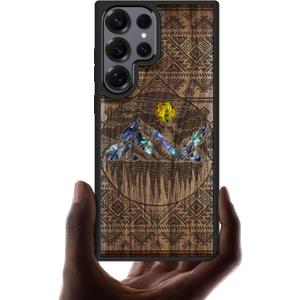 Carveit Magnetic Wooden Case for Samsung Galaxy S25 Ultra Case, Wood Artisan Engraved & Handmade Shell Inlaid, Compatible with MagSafe Wireless Chargers (Aztec Style Alpine Lakes) Walnut
