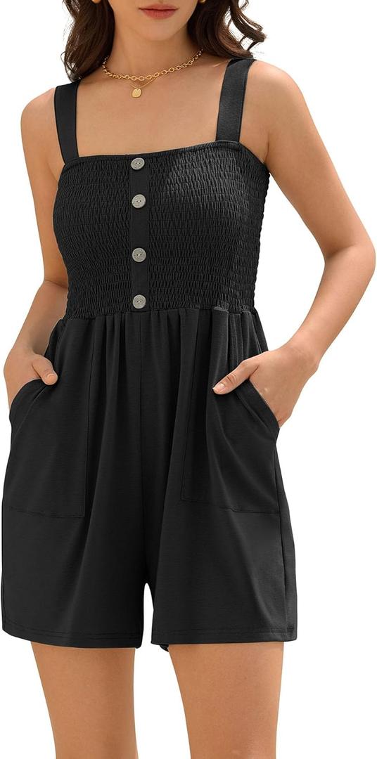 ZAFUL Womens Casual Short Jumpsuits Smocked Rompers Sleeveless Faux Button Vacation Outfits for Women 2025 (Large, Black)