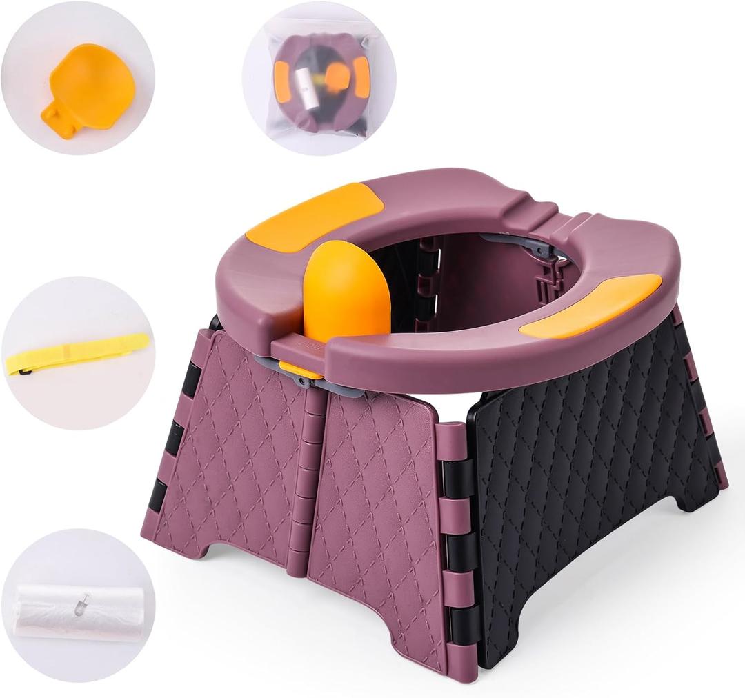 Travel Potty for Toddlers, Portable Potty Chair with Bag & 30 Pouches - Kids Toilet for Car, Camping, Indoor Outdoor - Splash-Proof Design, Easy Clean Training Seat (Purple)
