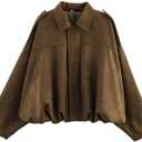 WOWULOVELY Women's Faux Suede Bomber Jacket Lapel Pilot Pocket Coat Casual Oversized Long Dolman Sleeves Trendy Streetwear M