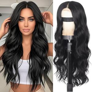 Long Black Wigs for Women, Black Curly Wavy Wig, 26 Inch Natural Looking Women's Charming Synthetic Middle Part Heat Resistant Fiber Wig for Daily Party Use