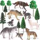 Skylety 16 Pcs Woodland Wolf Toy Figures Kit, 8 Wolf Figurines and 8 Mixed Plastic Trees Forest Cake Topper for Diorama Supplies Miniature Dollhouse Accessory Train Scenery