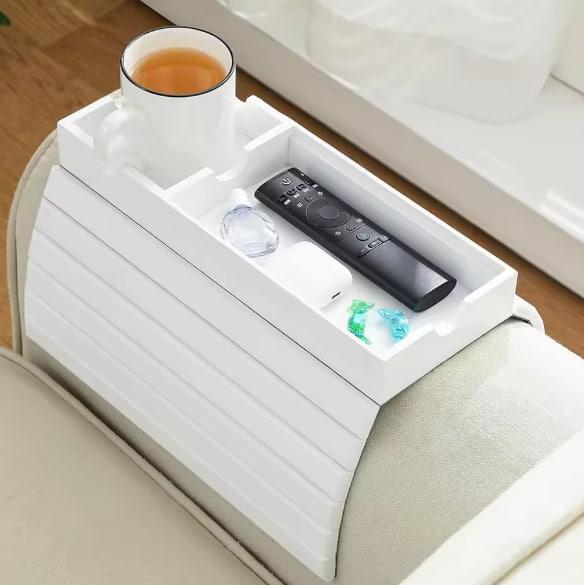 Sofa Arm Tray, Bamboo Large Couch Cup Holder with Hidden Storage, Sofa Armrest Tray Portable Anti-Spill Beverage Snack Remote Holder (White)