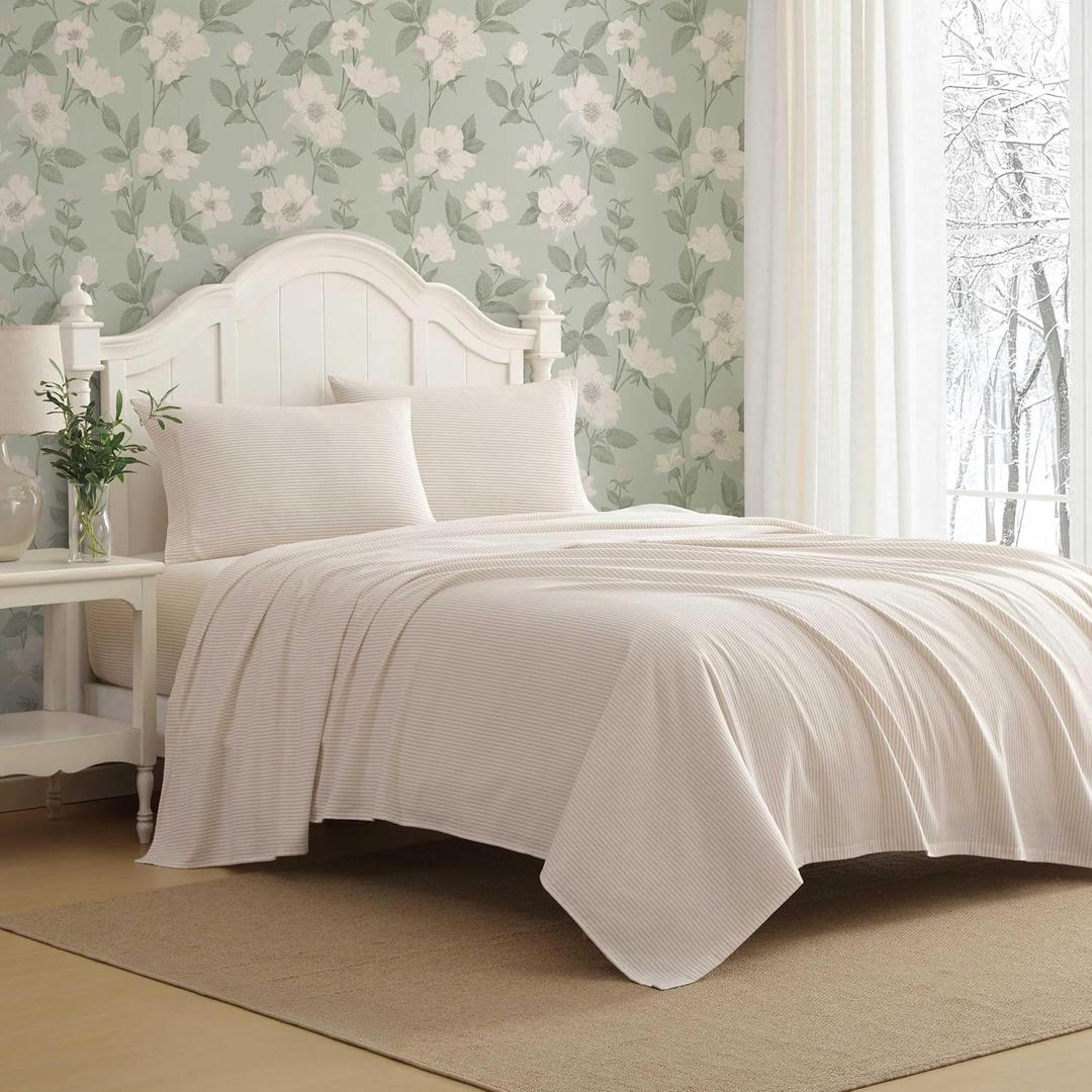 Laura Ashley - Flannel Sheets King Size, Anti-Pilling & Wrinkle Resistant Cotton, Touchably Soft for All-Season Comfort - Bed Sheets with Matching Pillowcases & Fitted Sheet (Oxfordshire Stripe Beige)