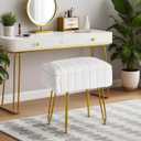 FUXA Vanity Stool Chair with Storage, White Faux Fur Makeup Chair with 4 Metal Legs and Anti-Slip Feet, Soft Padded Seat, Small Footrest Footstool Ottoman, Multifunctional Stool for Bedroom, 11.8"D x 15.7"W x 18.5"H