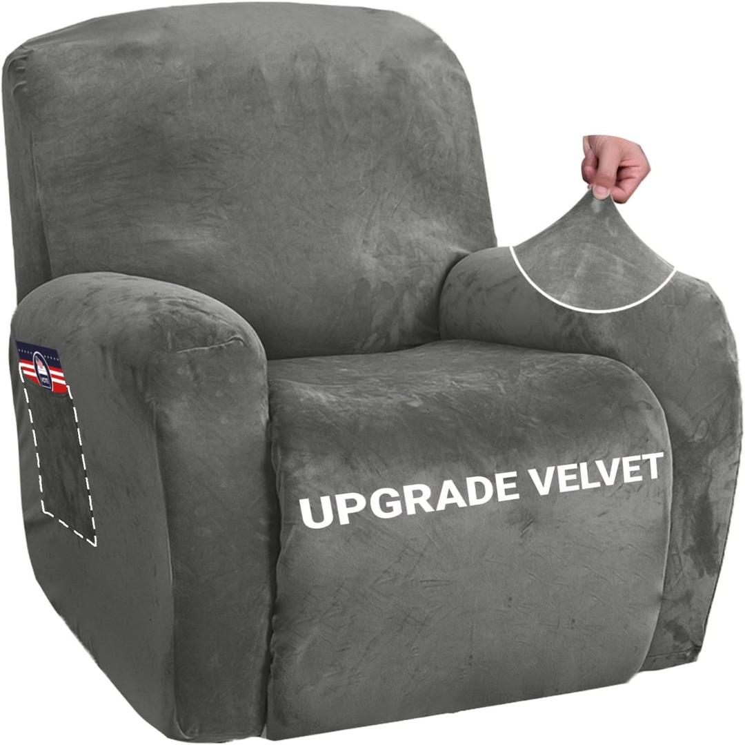ZNSAYOTX Stretch Velvet Recliner Cover 4-Pieces, Thick Soft Recliner Chair Slipcover with Pocket, Non-Slip Elastic Bottom for Kids Pets, Luxury Plush Reclining Protector Comfy Washable (Grey) (Large)