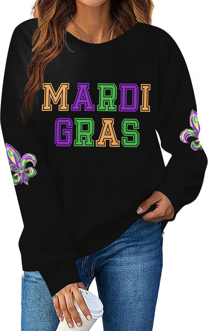 FAYALEQ Graphic Sweatshirt for Women Crewneck Carnival Pullover Casual Sequin Print Long Sleeve Top (XX-Large, Black)