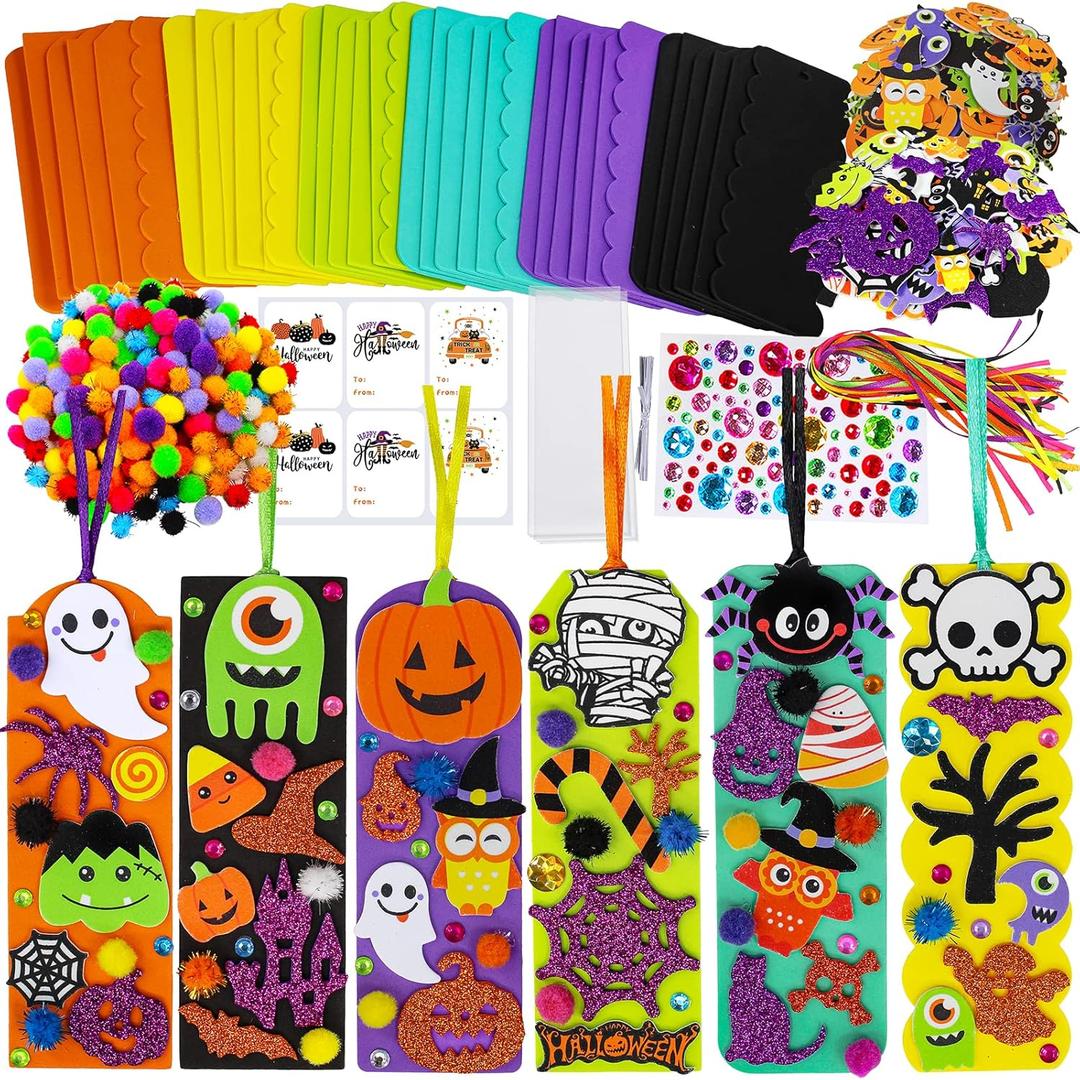 Winlyn 36 Sets Halloween Craft Kits Fall Kids Crafts DIY Halloween Bookmarks Art Sets Pumpkin Jack-O'-Lantern Bats Monster Foam Stickers Arts and Crafts for Kids Classroom Activities