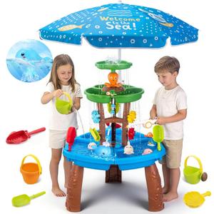 Water Table for Toddlers with Water Pump and Fishing Game Set 3-Tier Kids Sand Water Table with Umbrella Sensory Outdoor Toys for Kids Ages 4-8 Outside Toys Backyard for Kids Toddlers Age 3-10
