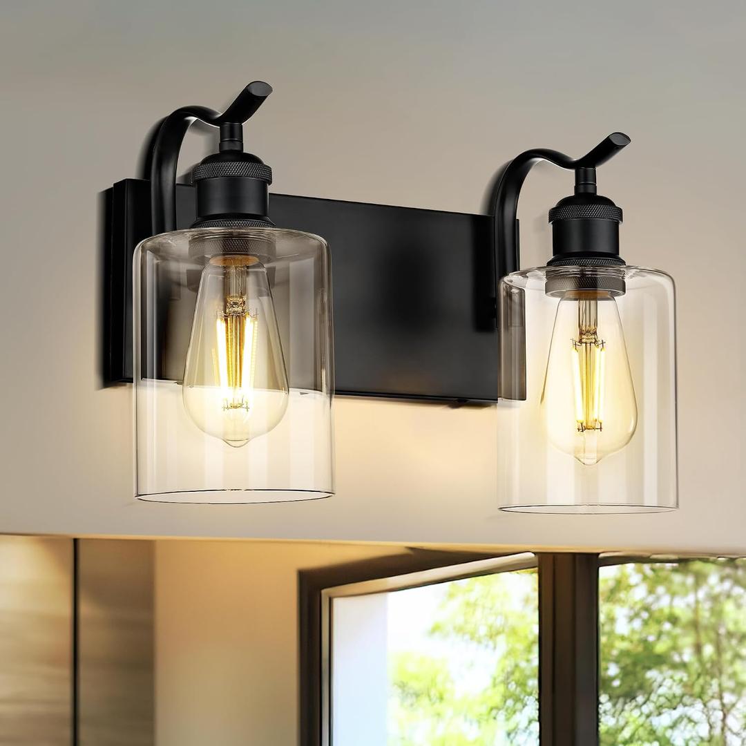 2-Light Black Bathroom Light Fixture Over Mirror, Modern Vanity Light, Clear Glass Wall Sconce, VL01BK-2