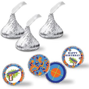 Dart Gun Birthday Party Kiss Sticker Labels, 300 Party Circle Sticker Sized 0.75 for Chocolate Drop Kisses by AmandaCreation, Great for Party Favors, Invitations Envelope Seals & Goodie Bags