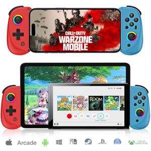 arVin Mobile Gaming Controller for Tablet/iPad[Within 5-10"] Wireless Gamepad for iPhone/Android/PC/Switch/PS4, with RGB Hall Effect Joystick/Turbo/6-Axis Gyro/Vibration/Support Streaming/Cloud Gaming (D8, Blue&Red)