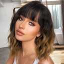MINLEE Short Wavy Wig with Bangs for Women 14 Inch Ombre Brown Short Bob Wavy Curly Wig Brown Hair Wigs Heat Resistant Synthetic Wigs