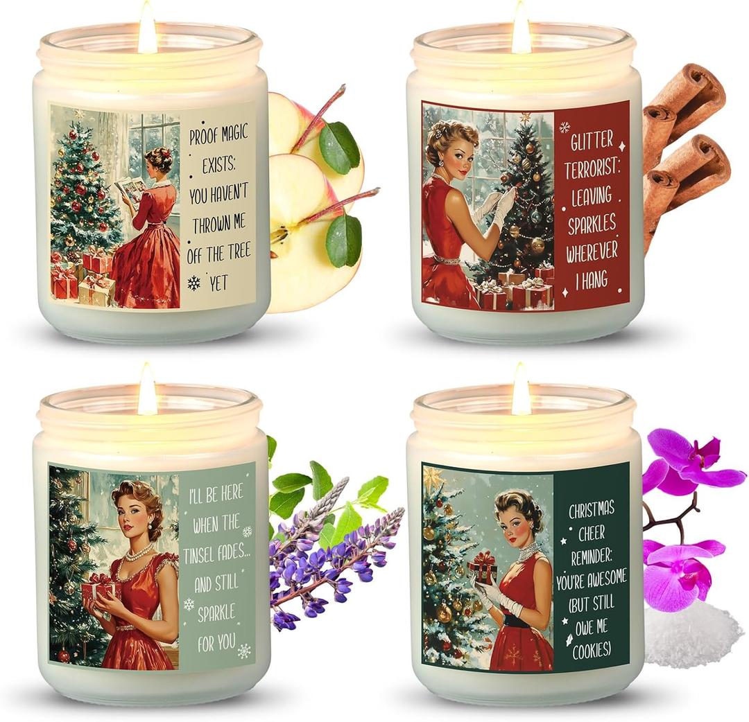 4 Pack Christmas Candle Gifts Set for Women Funny Vintage Xmas Holiday Natural Soy Wax Scented Candles Apple Harvest, Sea Salt, Cinnamon Vanilla and Orchid, White Sage and Lavender