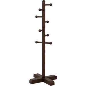 8-Hook Freestanding Wooden Coat Rack 2 Adjustable Heights Brown | Suitable for Bedroom Hallway Entrance Office,Holds Hats Handbags Purses Neatly,Space-Efficient Vertical Stand
