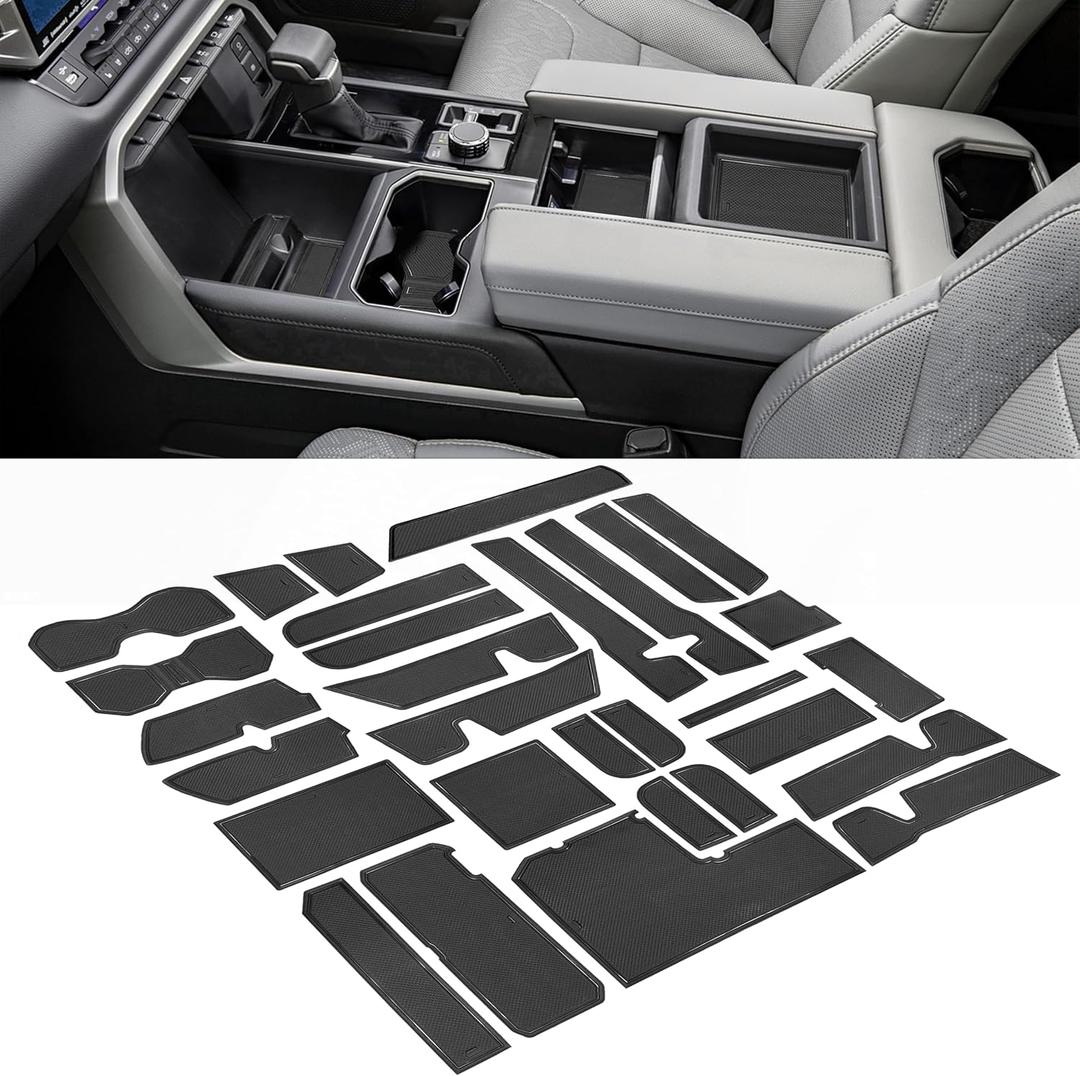 Custom Liner for Toyota Tundra Accessories 2022 2023 2024 2025 2026 Cup Holder Inserts Center Console Liner Mats Non-Slip Door Pocket Mats Protector Pad 30Pcs (Black Trim)