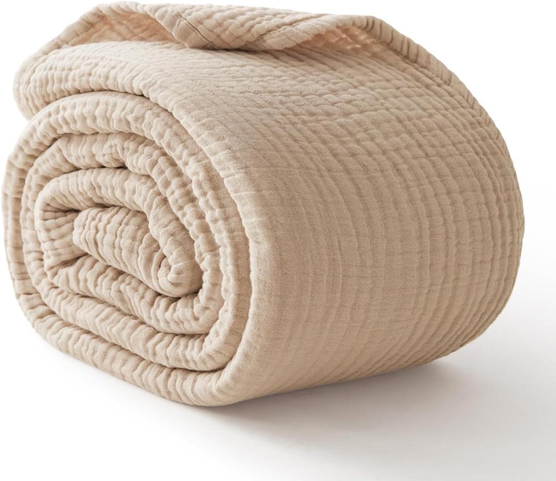 Kozyhvn 100% Cotton Muslin Blanket California King 120" x 90", 6 Layers Breathable and Lightweight Oversized Blankets for Bed, Soft Cooling Gauze Blanket for Adults All Season, Beige