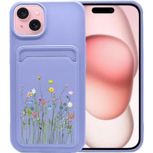 Unov Case Compatible with iPhone 15 Plus iPhone 14 Plus 5G Soft TPU Slim Protective Case with Flower Floral Bouquet Girly Card Holder Back Cover Case Mouve Purple