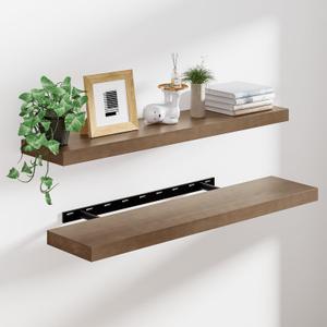 Heimlove 36 inch Floating Shelves for Wall,2 Packs Natural Pine Solid Wood Floating Shelves, 8 inches Deep Wooden Shelves for Kitchen Bedroom Office & Living Room Display Wall Decor (Walnut)