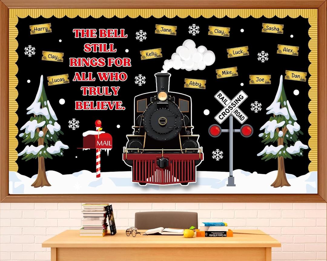 Christmas Train Bulletin Board Decoration Set Christmas Polar Golden Tickets Name Tag Xmas Movie Train Theme Cutouts for Classroom School Home Chalkboard Office Winter Holiday Party Decor Supplies